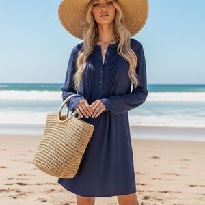 CUPSHE Henley Tunic Dress Pleated Front Women’s Sz Medium Long Sleeve Navy New